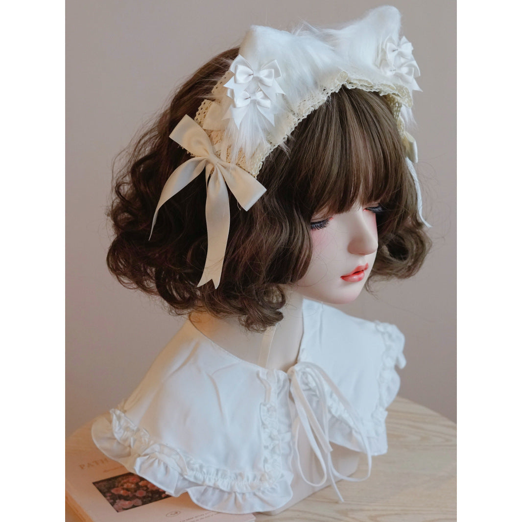Original Handmade White Cat Ear Bow Hairband with Ruffled Edge Japanese Korean Lolita Style