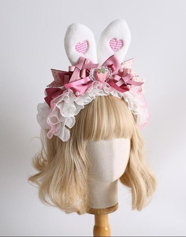 Xiaogui - Sweet Lolita Headdress Pink White - Bunny Ear Hair Accessory Headwear