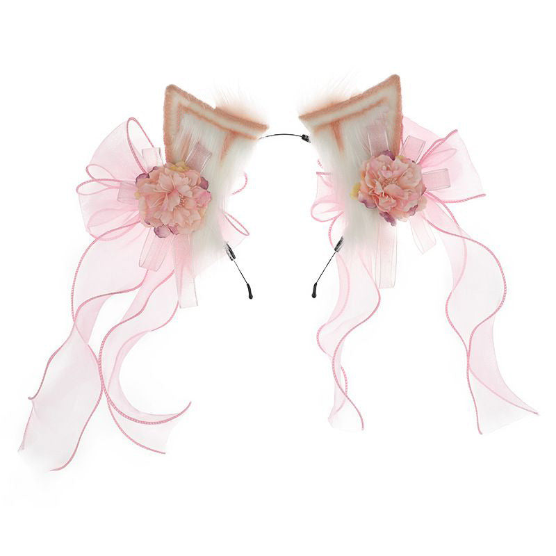 Gorgeous Handmade Lolita Elements Ancient Style Chinese Style Hanfu Hair Accessories Artificial Flower Plush Animal Ear Headband Bow Cat