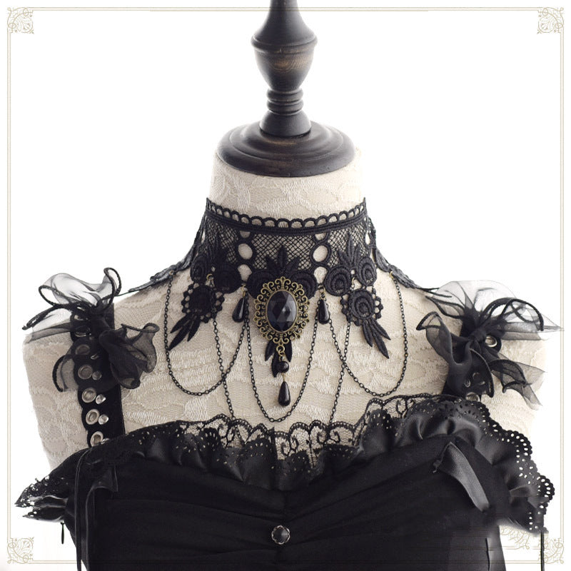 Gothic Dark Lolita Lace Necklace Y2K Harajuku Subculture Black Cross Choker - Lolita Fetch