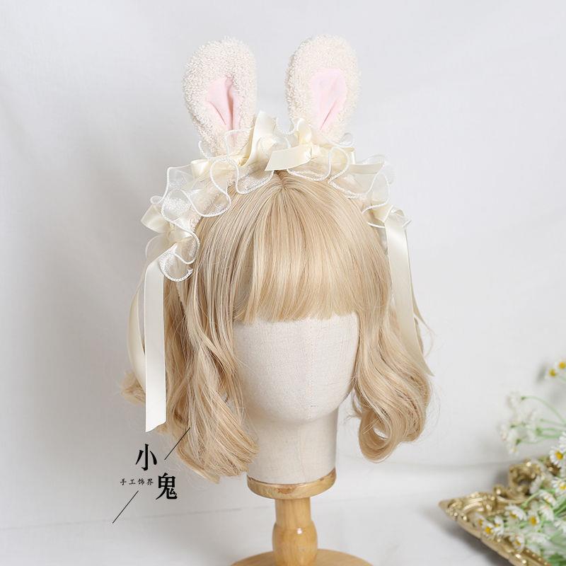Lolita Handmade Ribbon Bunny KC Sweet Cute Bowknot Bunny Ear Headband Lolita Ruffled Hair Accessory Headwear