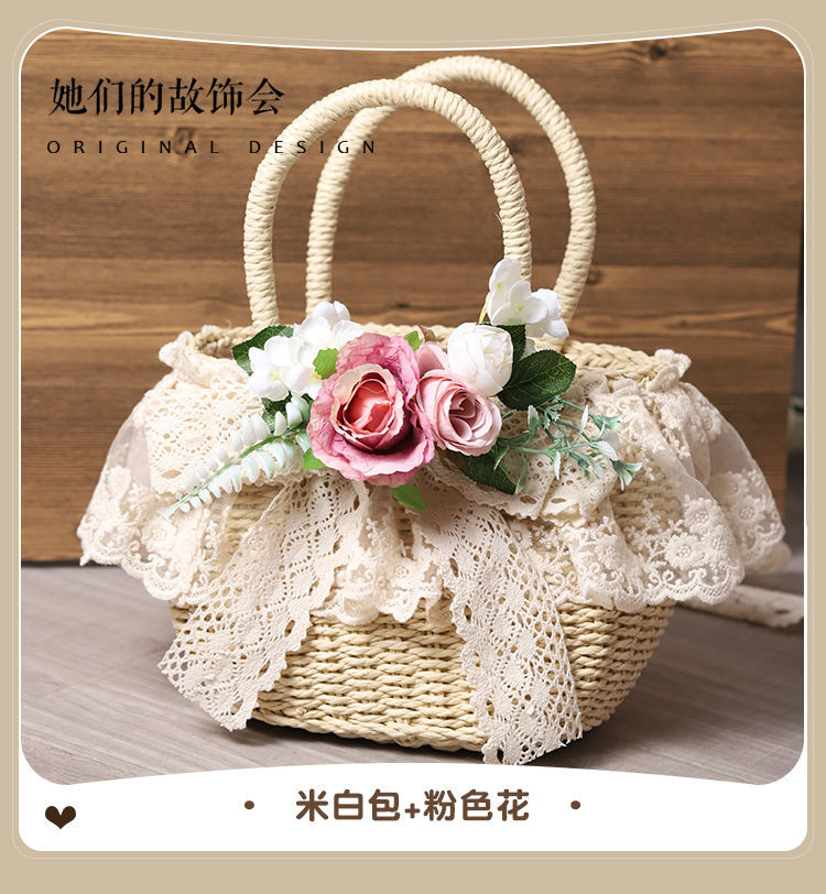 Handmade LolitaFetch straw tote bag with lace, artificial flower accents, perfect for beach or casual outdoor outings.
