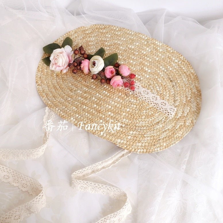 Handmade Straw Hat Flat Hat Lolita Handmade Tea Party Pastoral Bonnet