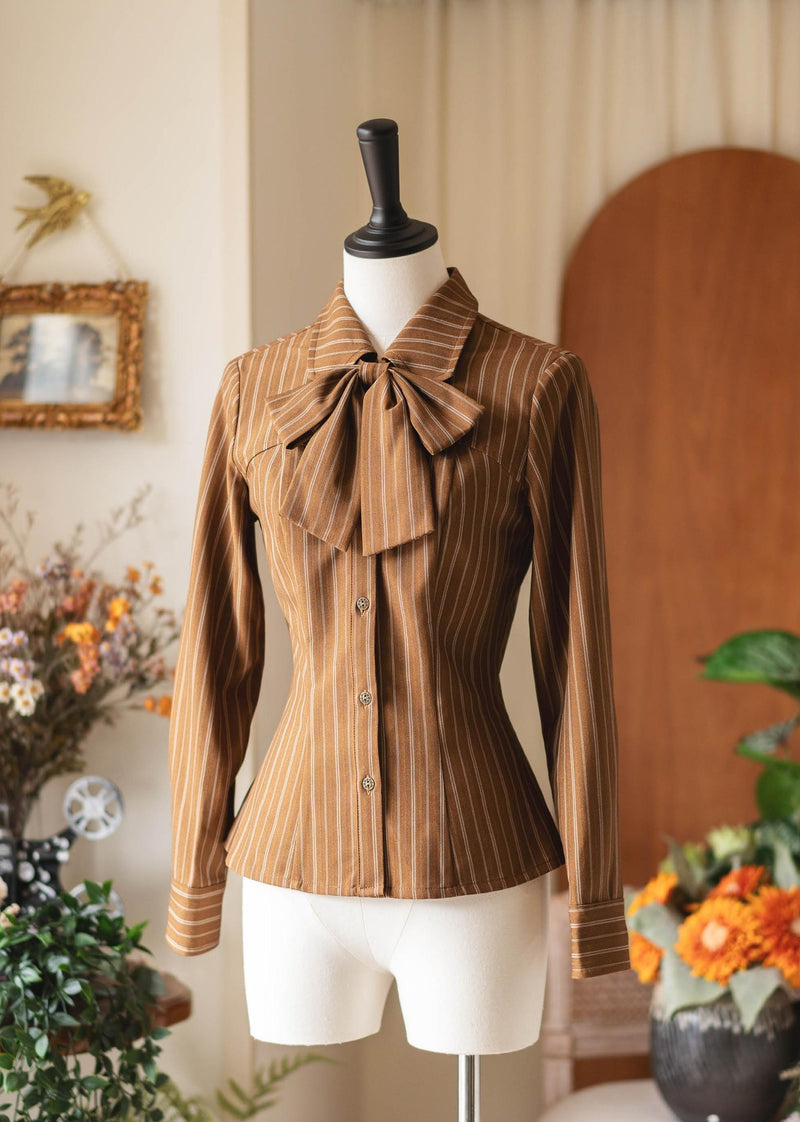Forest Ode - Classic Lolita Striped Shirt, Detachable Bow Tie Mocha Brown Shirt Only S