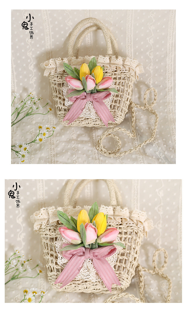 LolitaFetch straw handbag with tulip lace, bowknot detail, and vintage Lolita style for elegant, eclectic fashion.