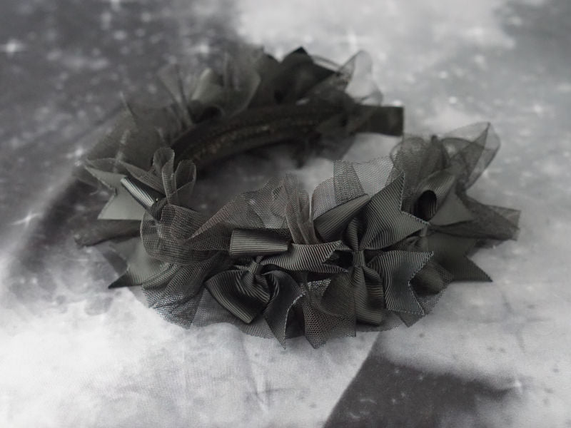 Handmade dark punk lace organza headband in black, Gothic Lolita style, featuring intricate lace details for girl hair accessory.