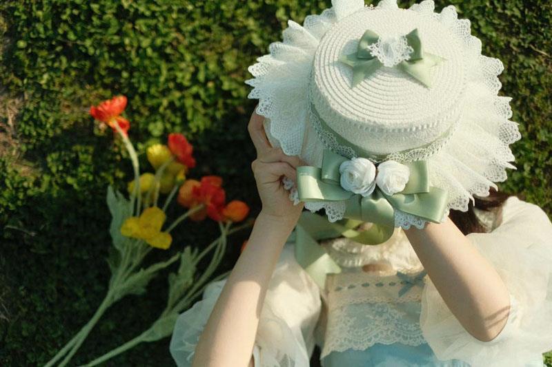 Lolita Straw Hat Mori Style Sweet Bowknot French Girl Flower Sun Hat Lolita Flat Top Hat Straw Hat