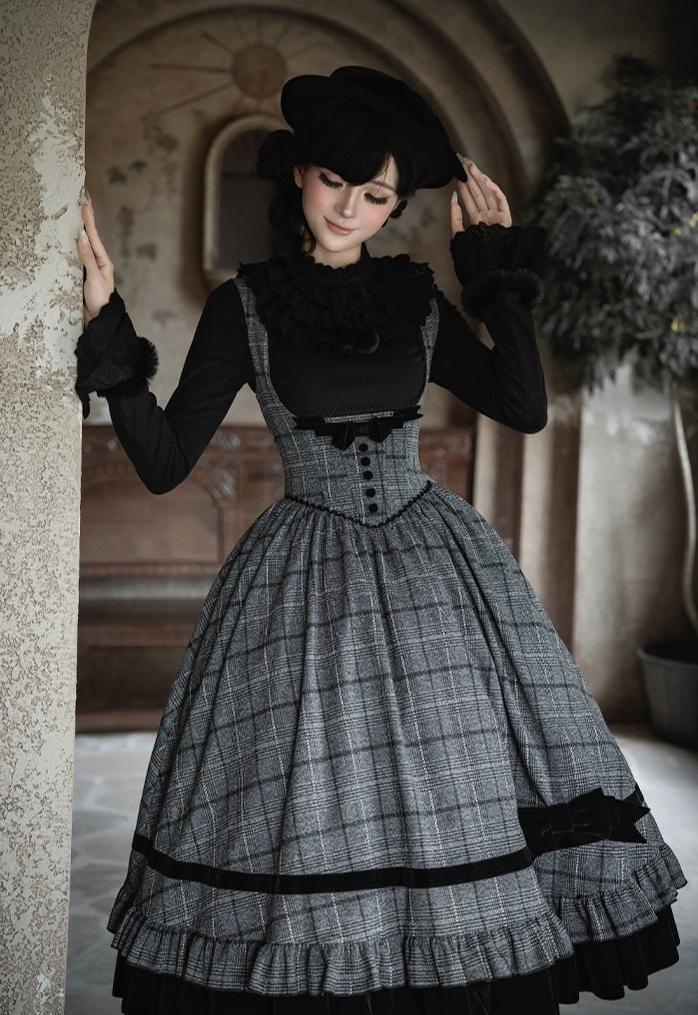 With PUJI - Yesterday's Epistle - Winter Classic Lolita Plaid Dress Set, Fishbone Waist
