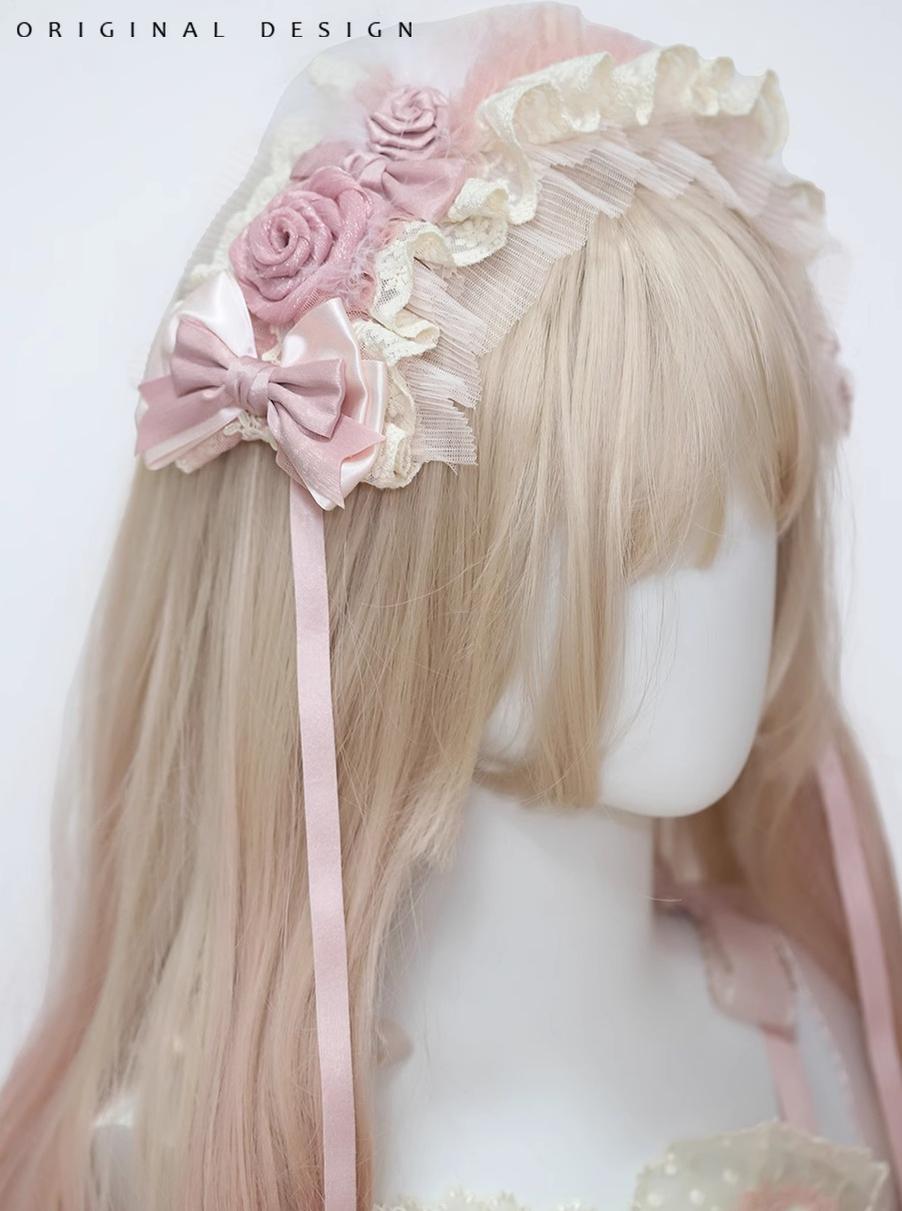 Her Vintage Society - Satin Pink Ballet - Hair Accessories and Flat Hat with Hand-Rolled Roses - option image