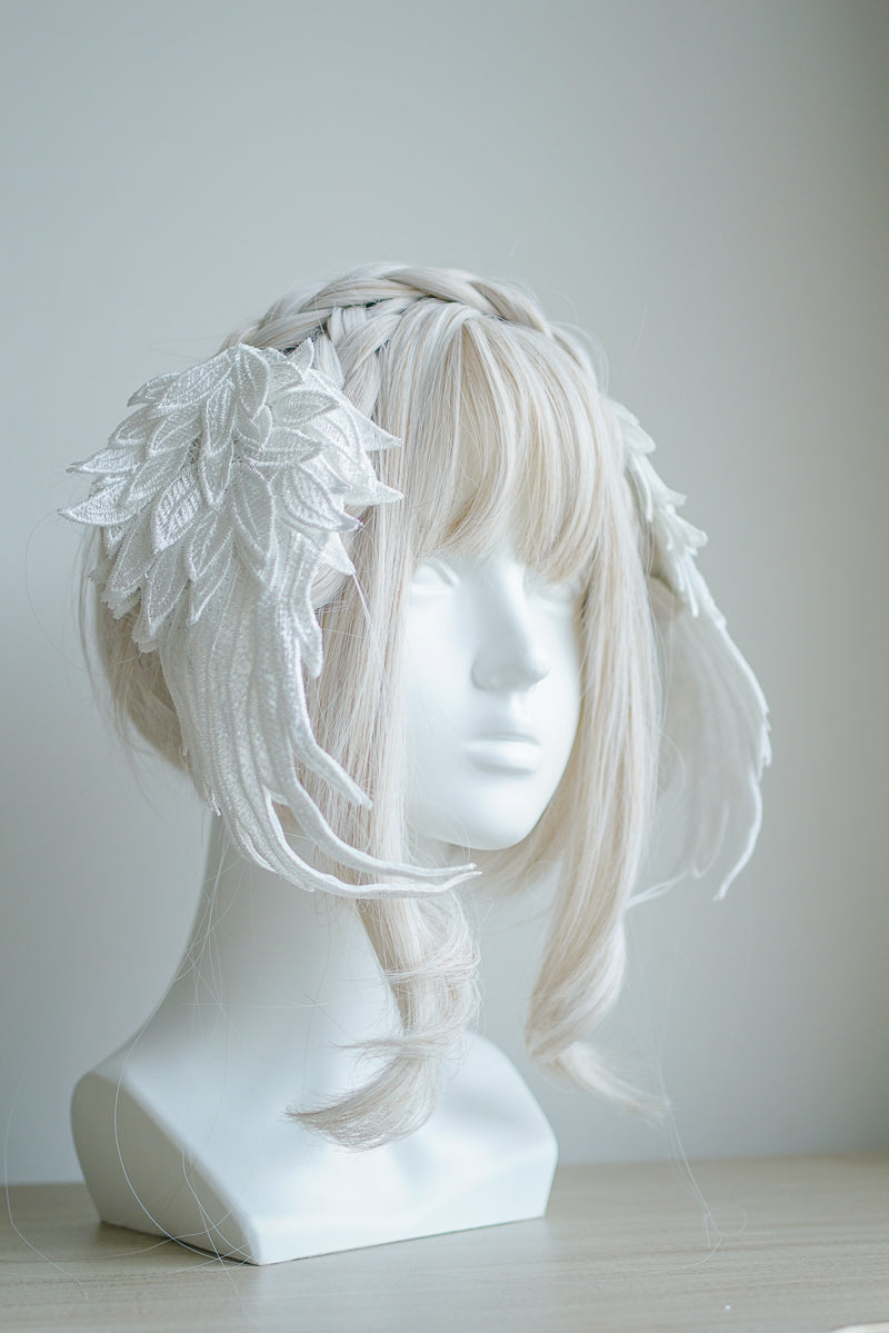 Black and white embroidered angel wings lolita feather hair clip headdress with two-tone design by LolitaFetch