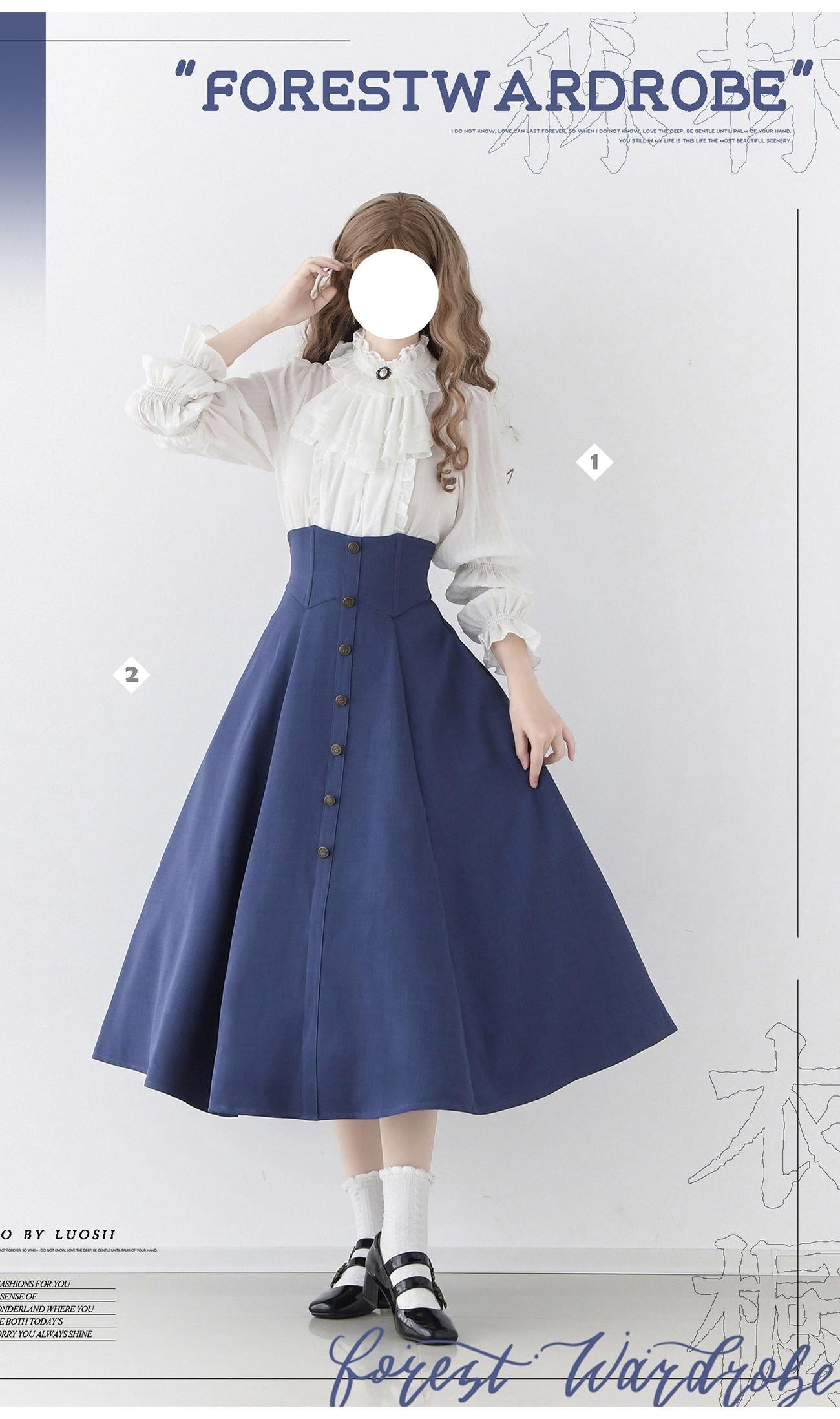 Forest Wardrobe - Misty Forest - White Classic Lolita Long Sleeve Blouse, Detachable Jabot