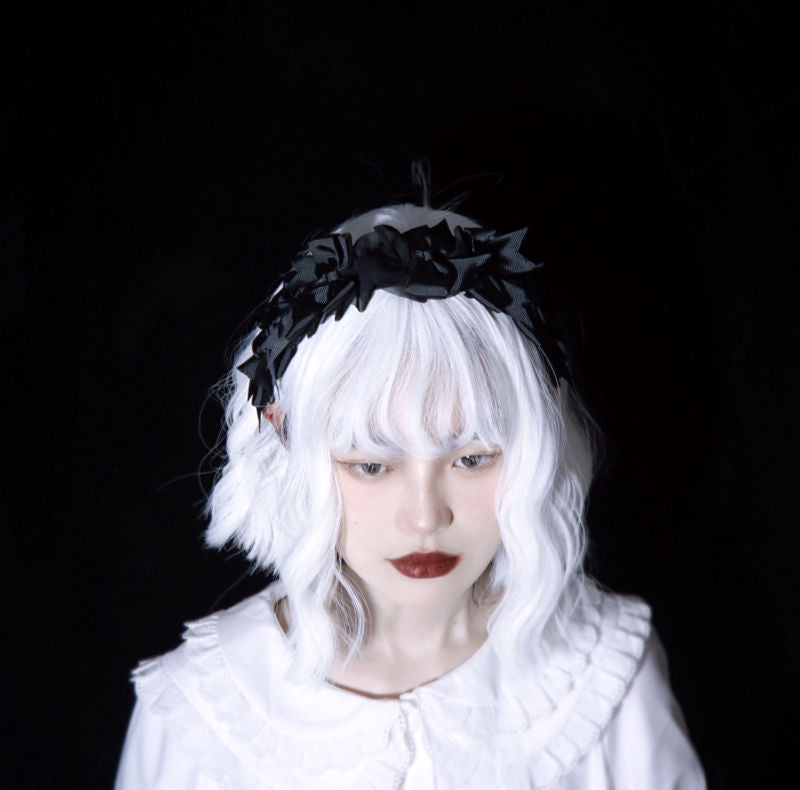 Black gothic Lolita headband with dark punk lace organza, featuring intricate details, perfect for gothic lolita girl hair accessories.