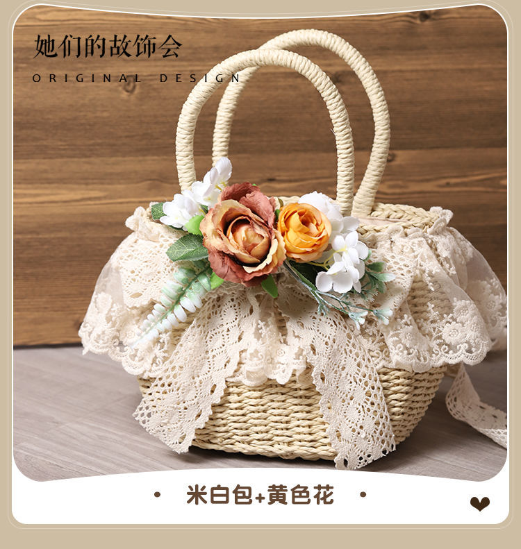 Handmade LolitaFetch straw tote bag with lace, artificial flower accents, perfect for beach or casual outings in 2022.