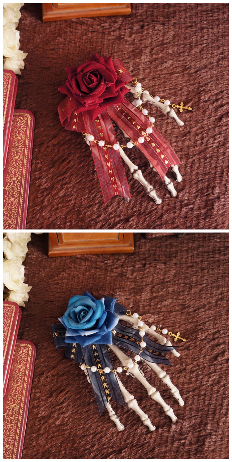 Halloween Gothic Lolita Pearl Chain Hair Clip Dark Style Skull Claw Wing Bow Hair Clip Brooch