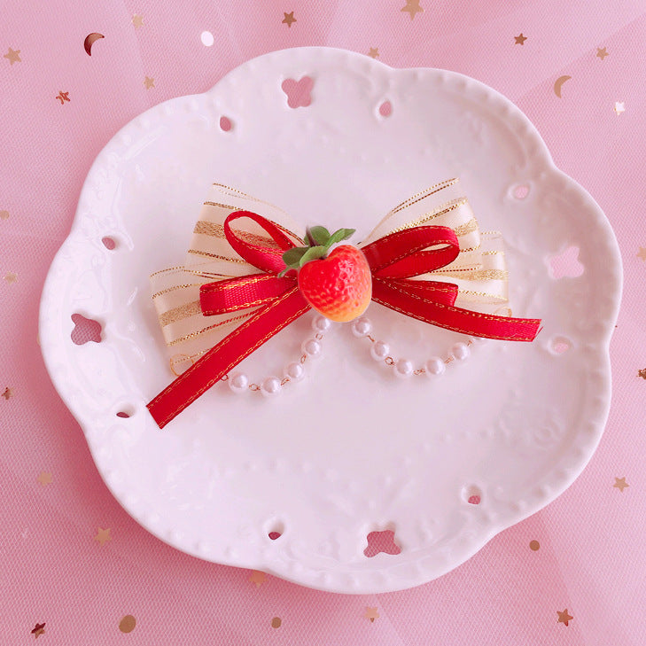 Strawberry Sweet Lolita Plaid Bow Hair Clip Hair Accessory Mori Style Strawberry Side Clip Japanese Soft Girl Cute Girl