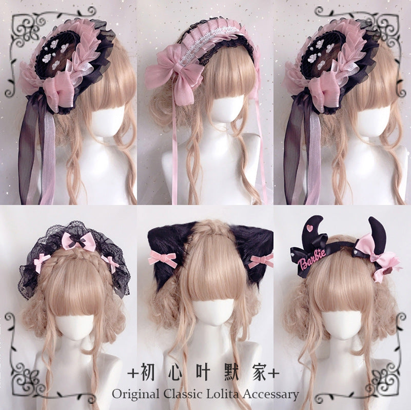 Lolita Headwear Black Pink Lolita Hair Accessories Black Sweet French Flat Hat Sweetheart House Kitty Handmade Small Items