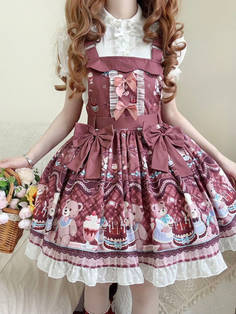 Coffee Rabbit Teddy Bear Cake Printed Lolita JSK Set