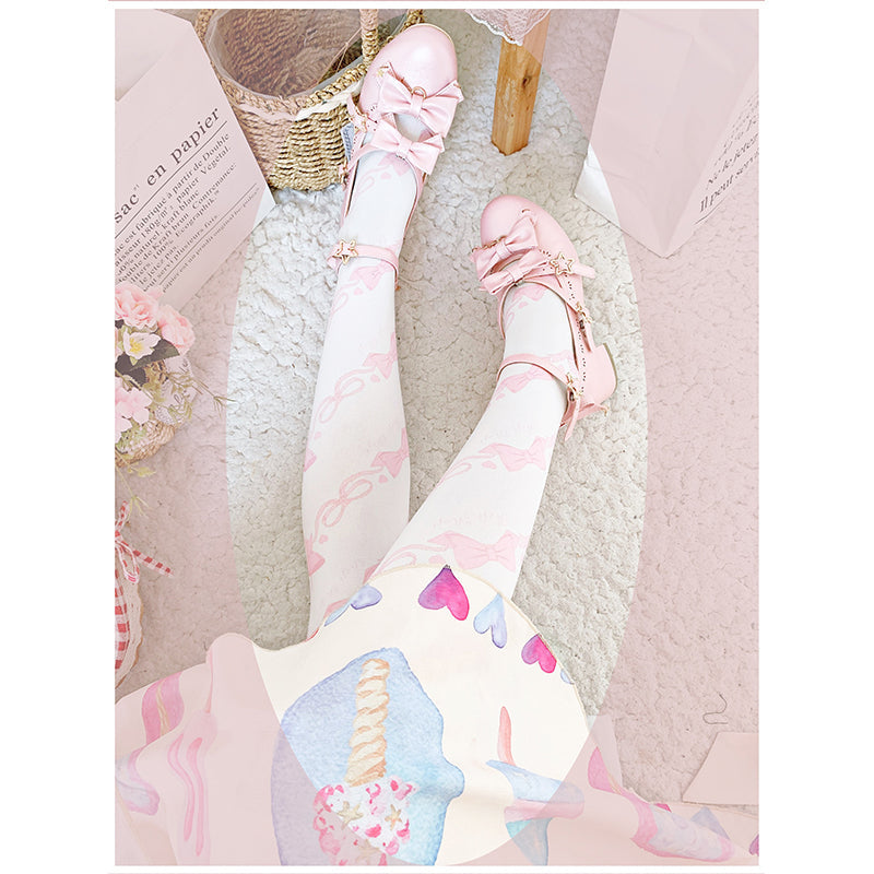Sweet Lolita Knee Stockings, Bow Print One Size pink bow