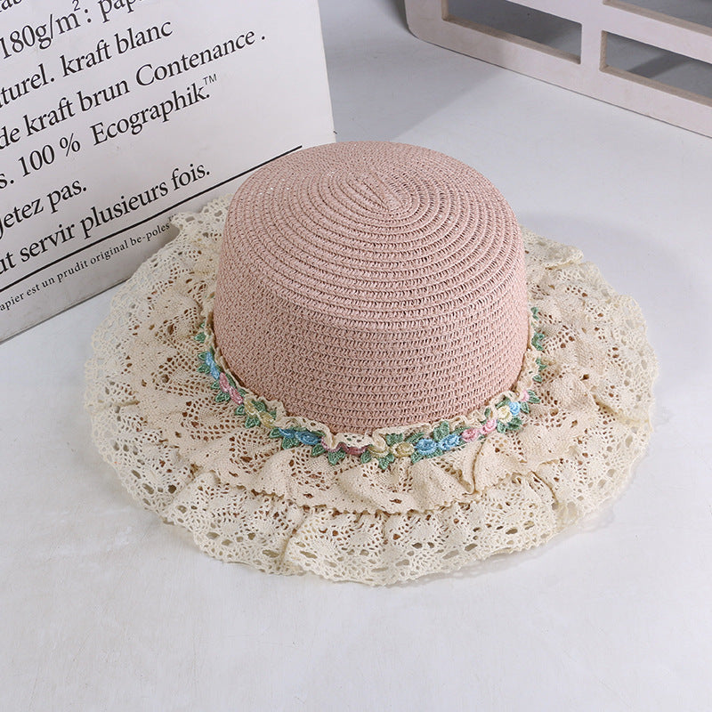 French Lolita Lace Trim Straw Hat for Women Summer Wide Brim Flat Top