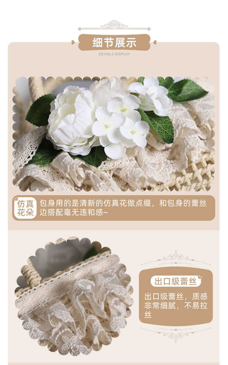 Handbag Paper Straw Woven Original Handmade Lace Flower Lolita Soft Girl Pastoral Style 2022 New Beach Bag - Lolita Fetch