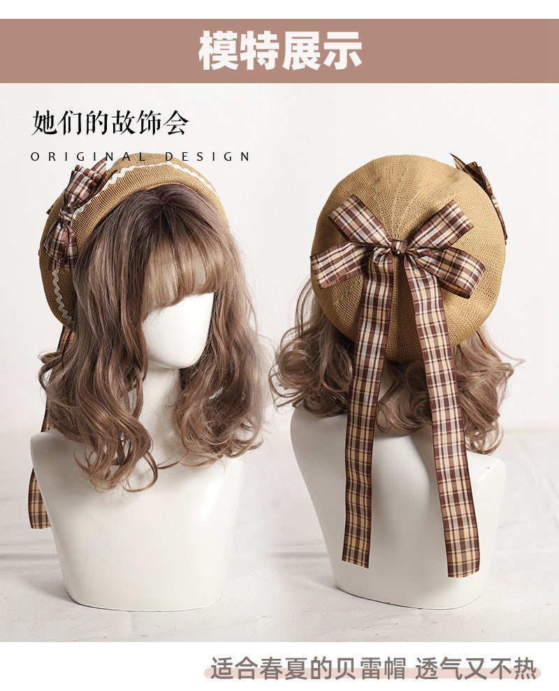 Thin Beret Summer Lolita Bow JK Plaid Lolita Original Design Fashion Spring Autumn Hat for Women