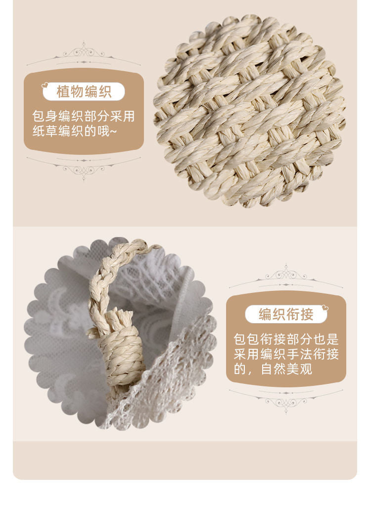 Handbag Paper Straw Woven Original Handmade Lace Flower Lolita Soft Girl Pastoral Style 2022 New Beach Bag - Lolita Fetch