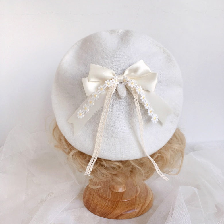 Original Japanese Handmade Mori Style Bow Beret Daisy Lace Soft Cute Lolita Handmade Lace