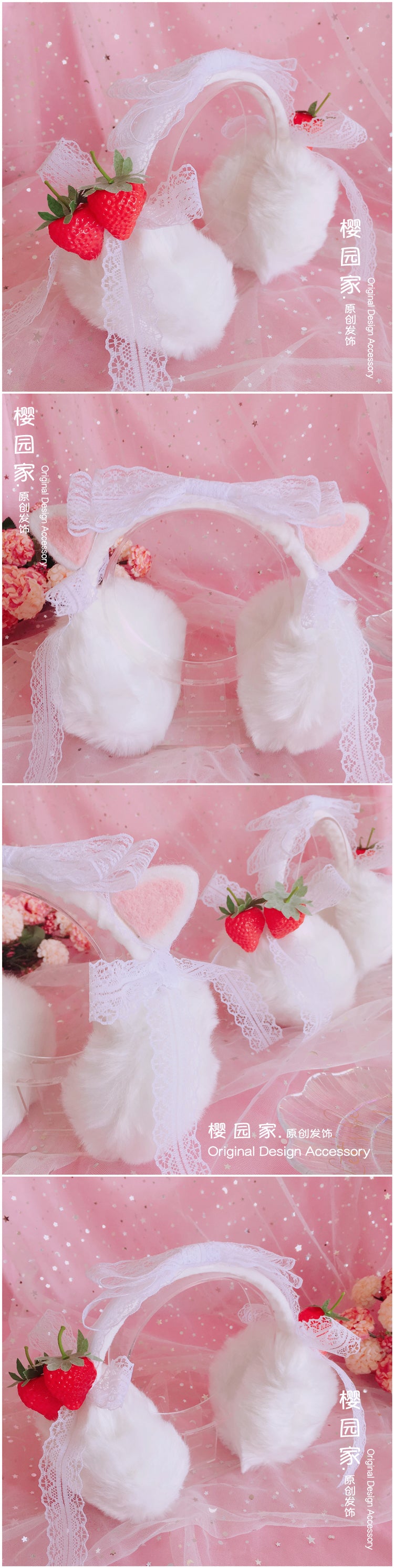 Christmas Warm Winter Lolita Plush Ear Muffs Strawberry Cat Ear Cute Ear Muffs Beautiful Lace Ear Covers - Lolita Fetch