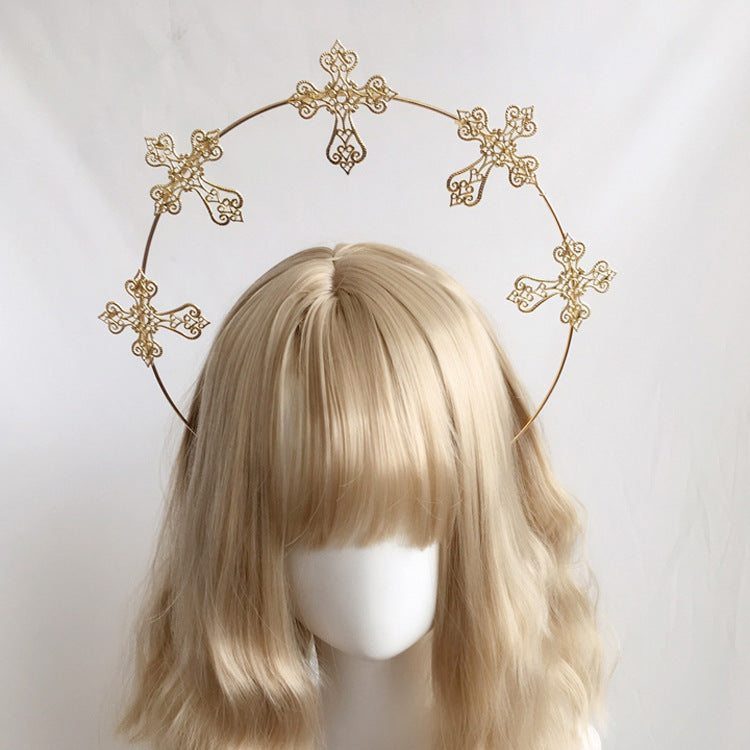 Lolita Virgin Mary Halo Headband Wheat Cross Feather Church Pope Gold Hair Accessory Catwalk Photo Prop - Lolita Fetch