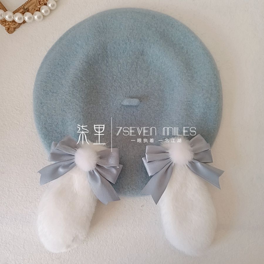 Long-Eared Rabbit  Beret Handmade Bow Lolita Girl Sweet Cute Woolen Hat for Women