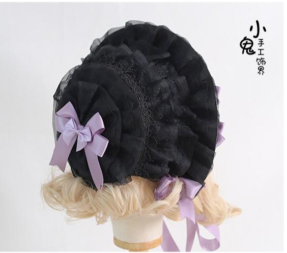 Xiaogui - Classic Lolita Lace Bonnet Hat - Detachable Bows Headwear