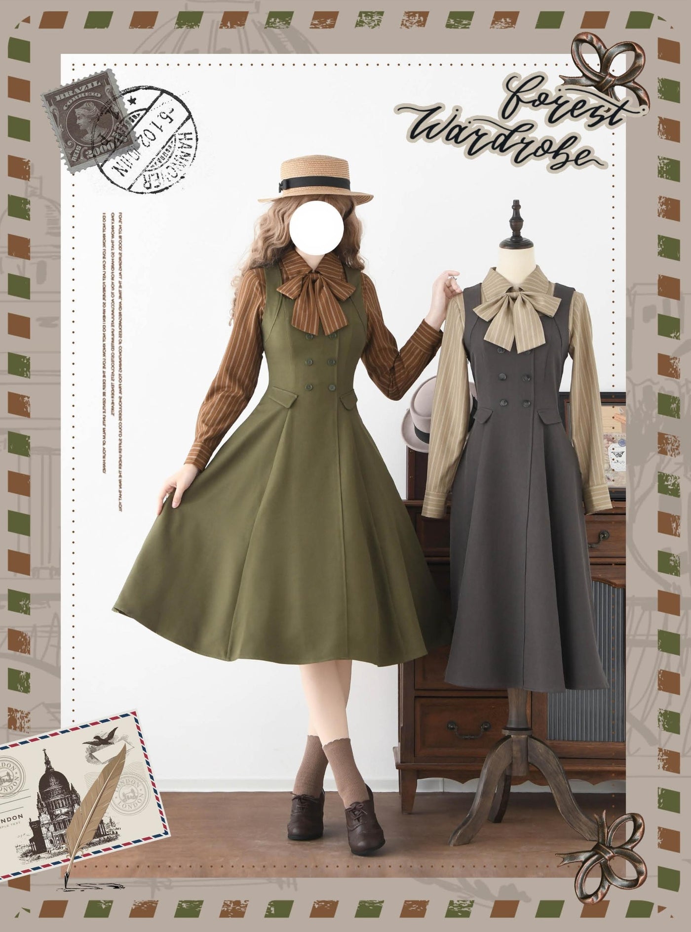 Forest Wardrobe - Forest Ode - Classic Lolita Striped Shirt, Detachable Bow Tie