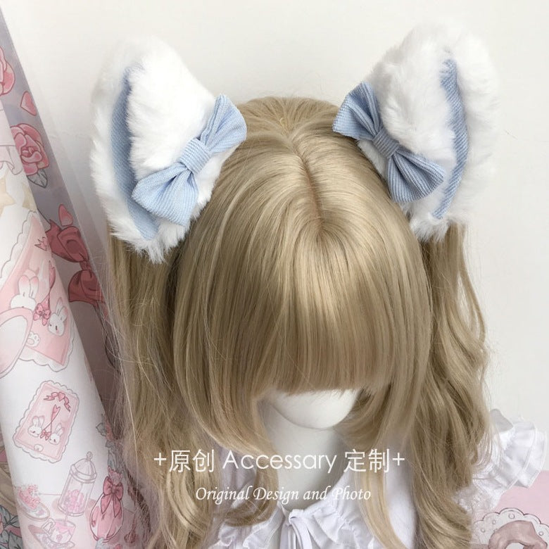 Lolita Large Plush Pink Blue Bow Cat Ear Hair Clip Anime Lolita Animal Ear Hairpin