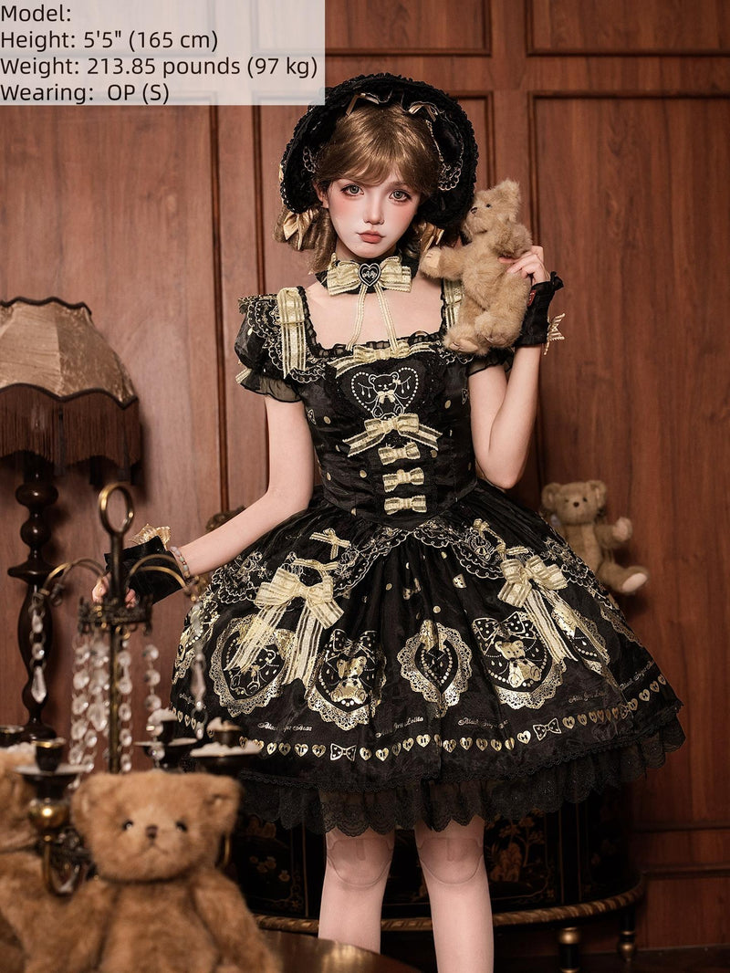 Alice Girl - Brown Sugar Bear - Old School Lolita OP & Halter Dress, Bear Print