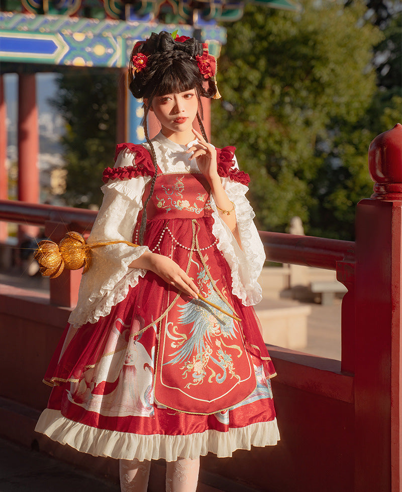 Morning Dew Hanfu - Inspired Lolita JSK | Gold - Woven Phoenix & Detachable Bead Chain - Lolita Fetch