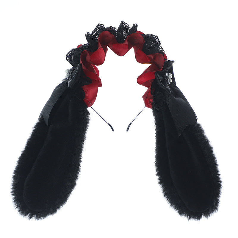Cute Plush Lace Ribbon Lolita Headband Comic Con Cosplay Prop Realistic Rabbit Ear Hair Accessory Headband - Lolita Fetch
