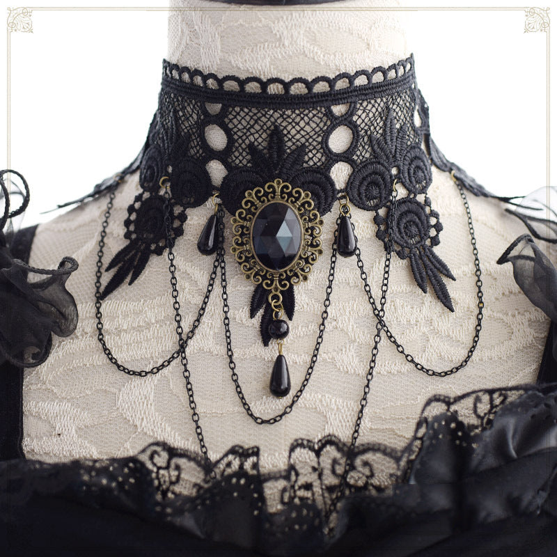 Gothic Dark Lolita Lace Necklace Y2K Harajuku Subculture Black Cross Choker - Lolita Fetch