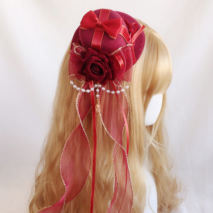 Handmade Gothic Lolita Pill Crown Hat - Cyan & Burgundy Flower Decor Versatile Small Headwear