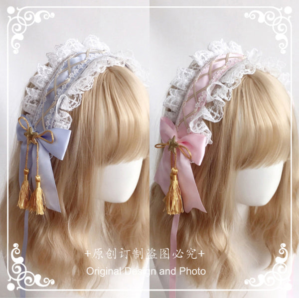 Handmade Lolita Elegant Hairband Heavy Craft Gold Edge Bow KC Headban