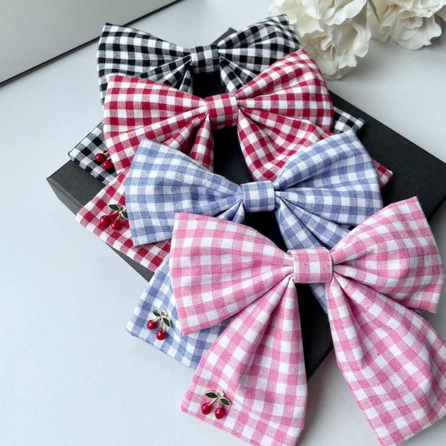 Handmade - Cherry Gingham Bow - Stainless-Steel Brooch