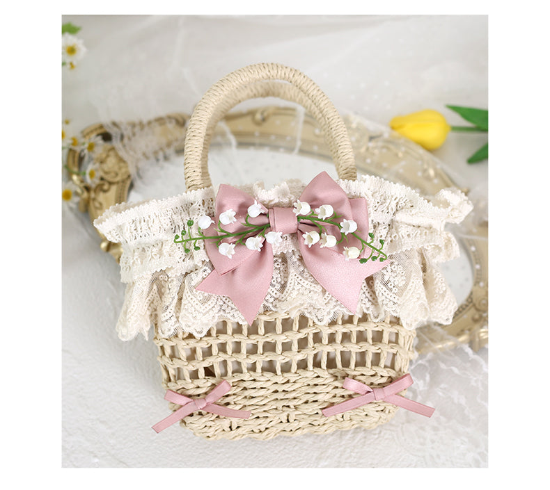 Original Lolita Mori Style Lily of the Valley Lace Beach Pastoral Straw Bag Rattan Bag Handheld Woven Bag Crossbody Bag