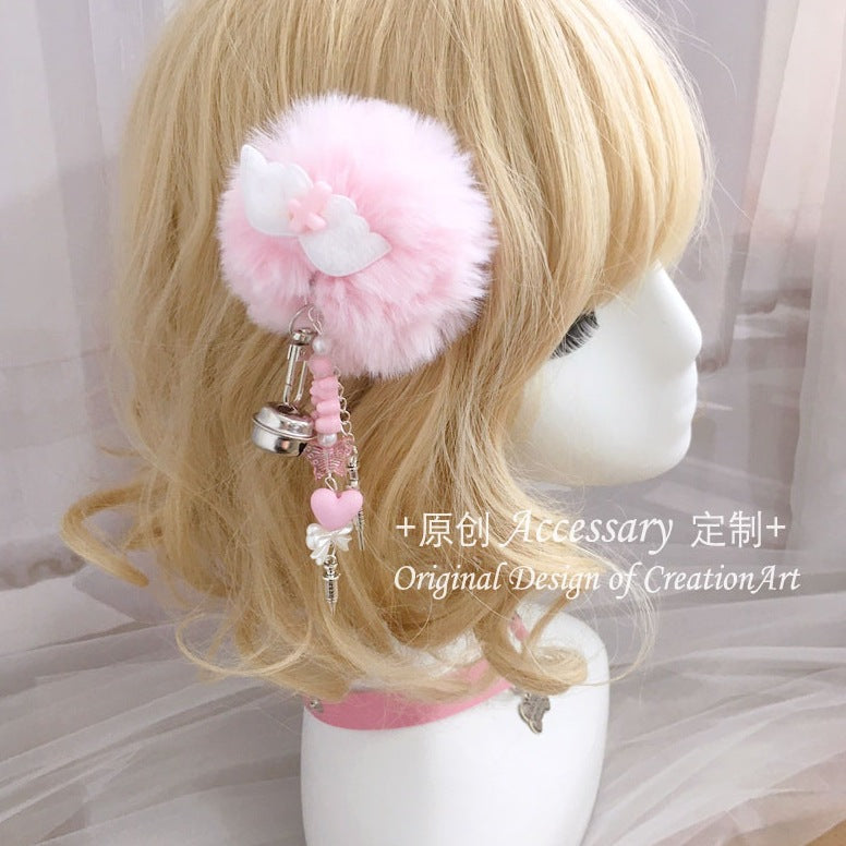 Y2K Subculture Lolita Hair Clip - Cute Pink Plush Ball Wing Pendant Hair Accessory