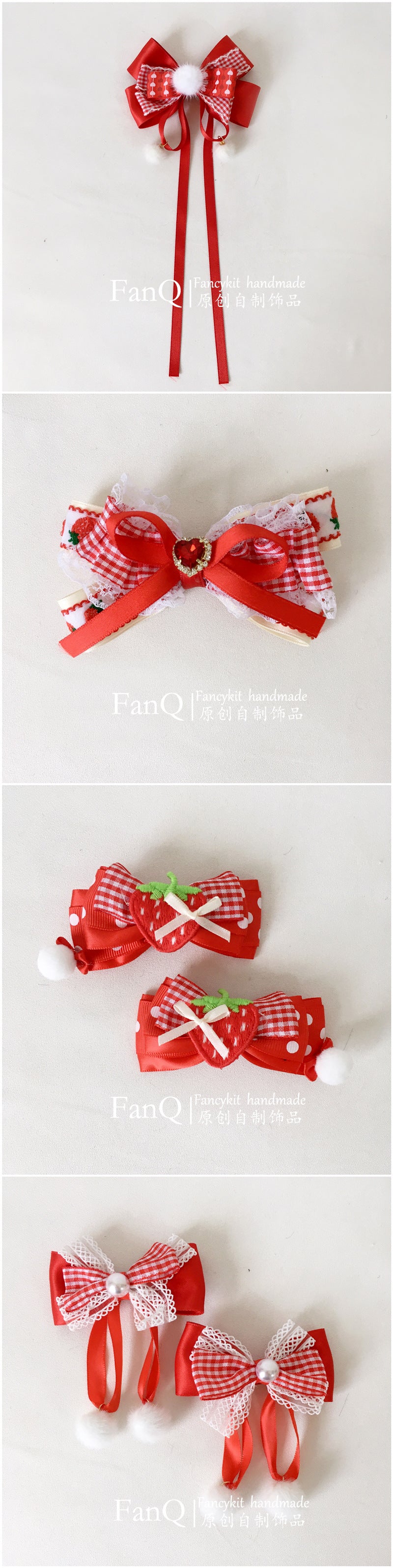Handmade Sweet Strawberry Pom-Pom Lolita hair accessory with red bow streamer, featuring playful strawberry-themed design and soft pom-poms.