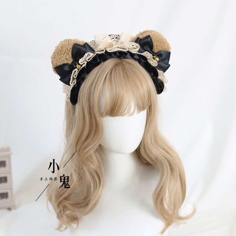 Coffee Color Lolita Bear Ear Headband KC - Bow & Lace Cute Girl Hair A