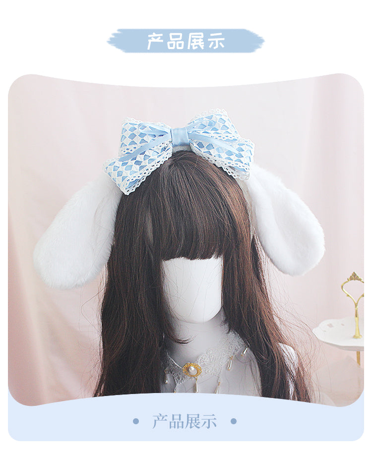 Handmade plush big-eared dog headband by LolitaFetch, soft plush Lolita hair accessory with large dog ears, perfect for cute fashion.