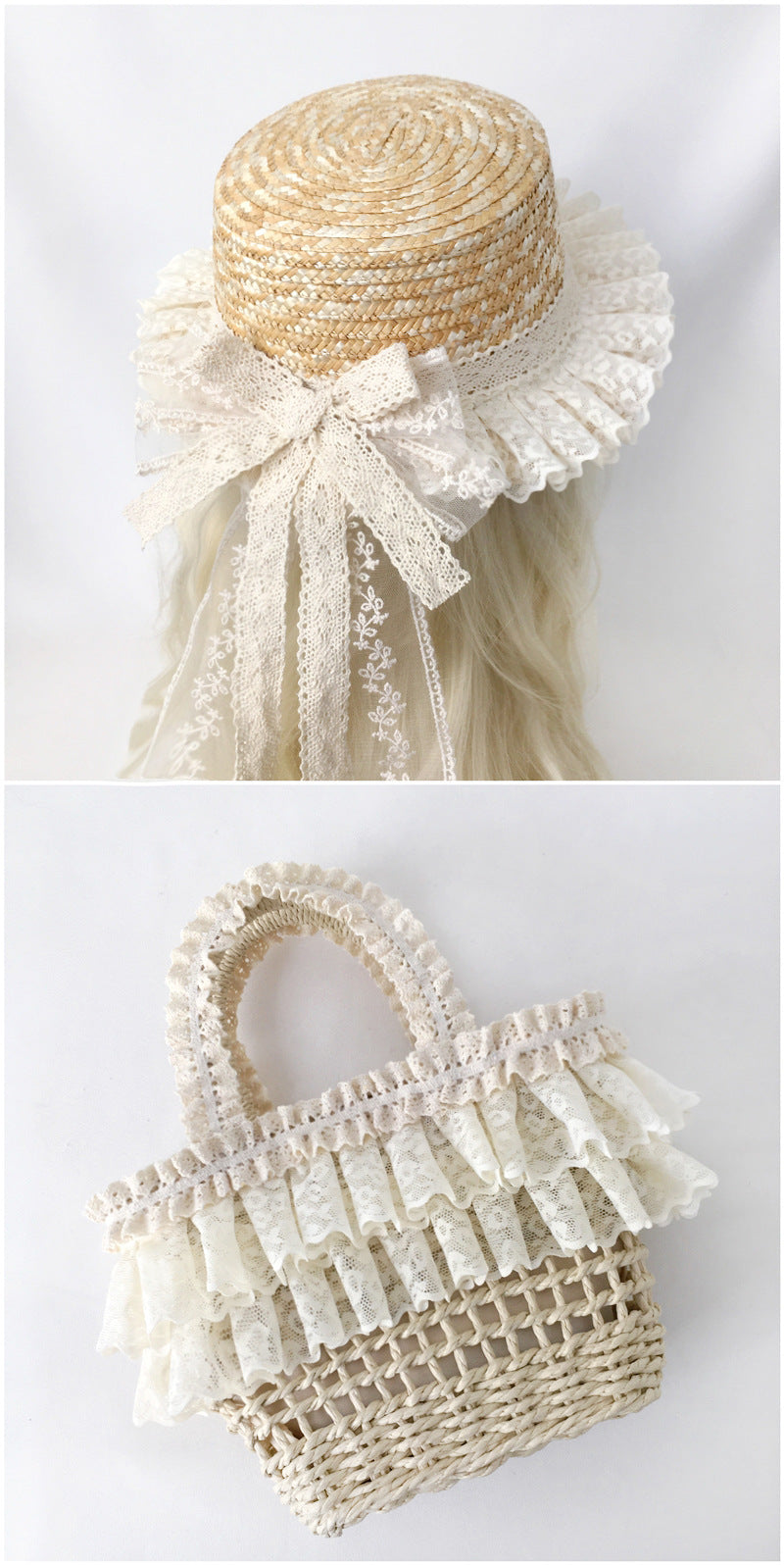 FanQ Handmade [Xuanxia] Mori Girl Style Bowknot Straw Hat Lolita Natural Color Lace Wide Brim Hat Summer Sunshade