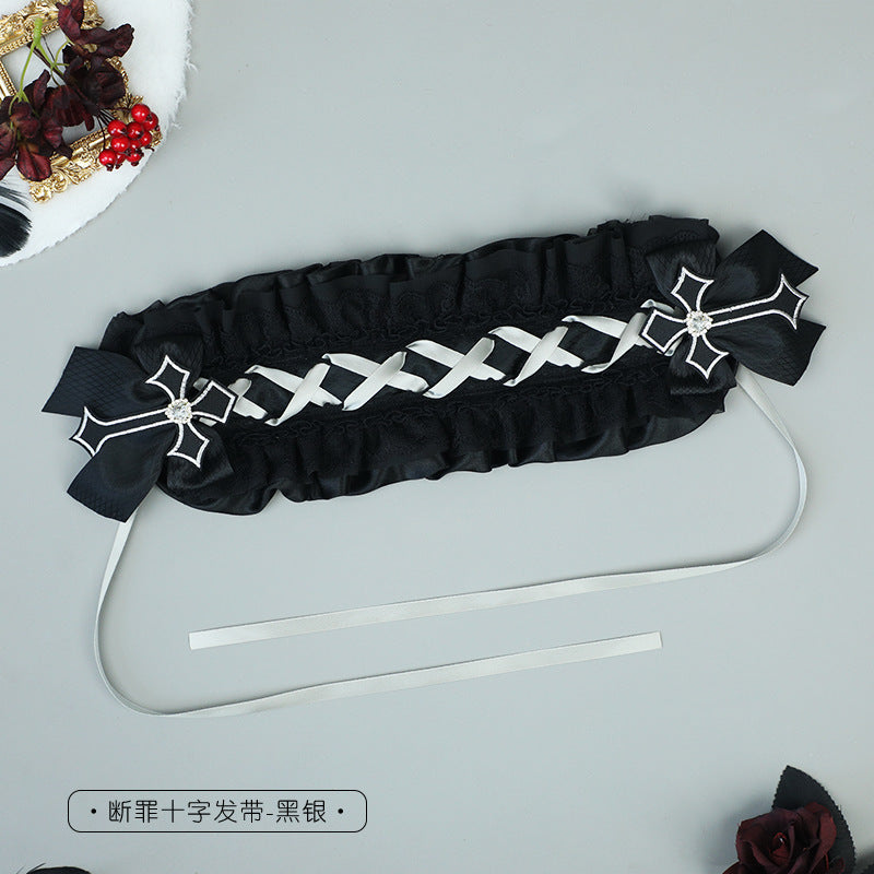Dark Gothic Lolita Cross Lace Bow Hairband - Comic Con Cos Party Girl Headwear - Lolita Fetch