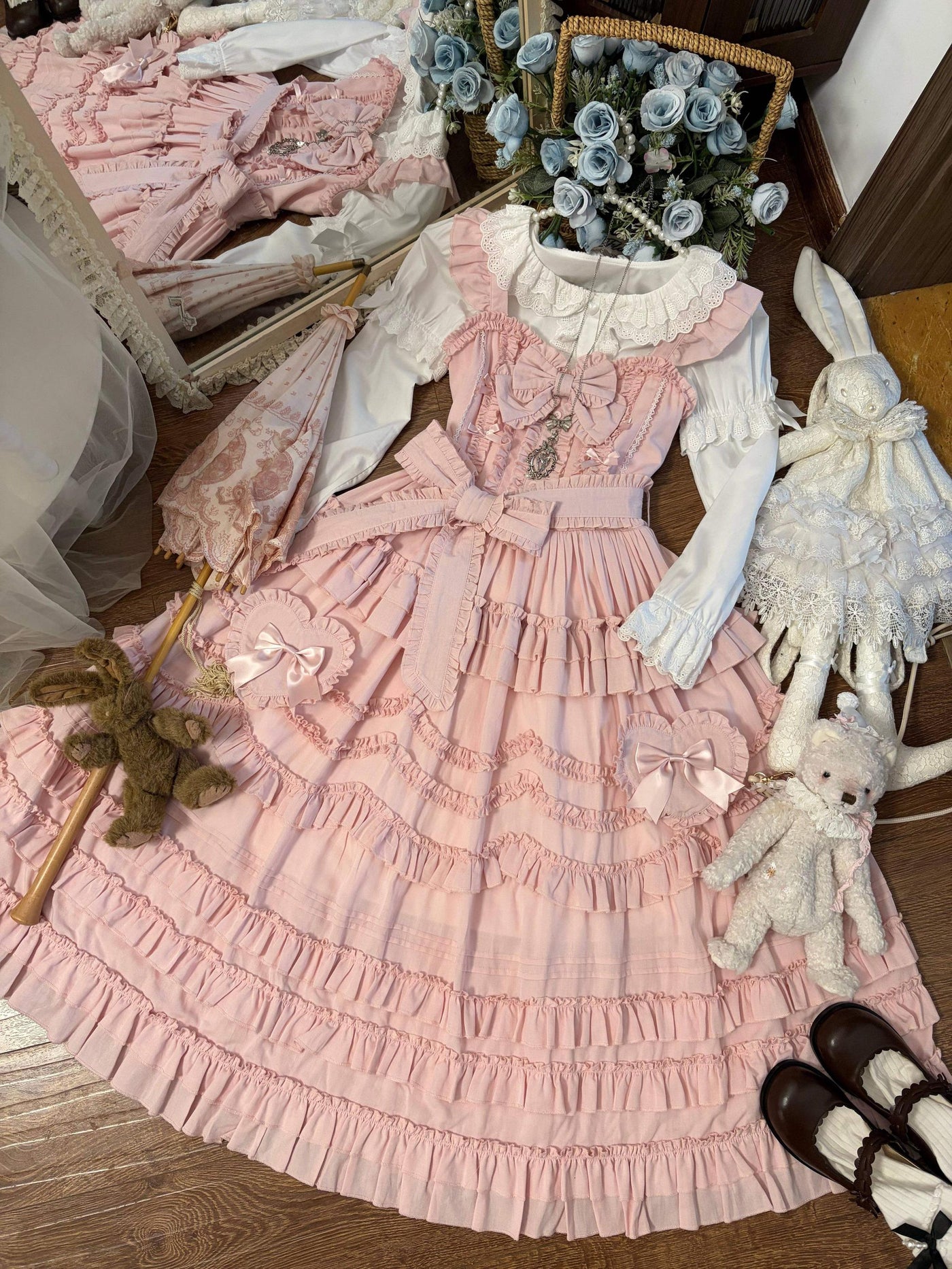 Loveheart - Solid Classic Lolita JSK Dress, Tiered Hem Pink JSK Only S