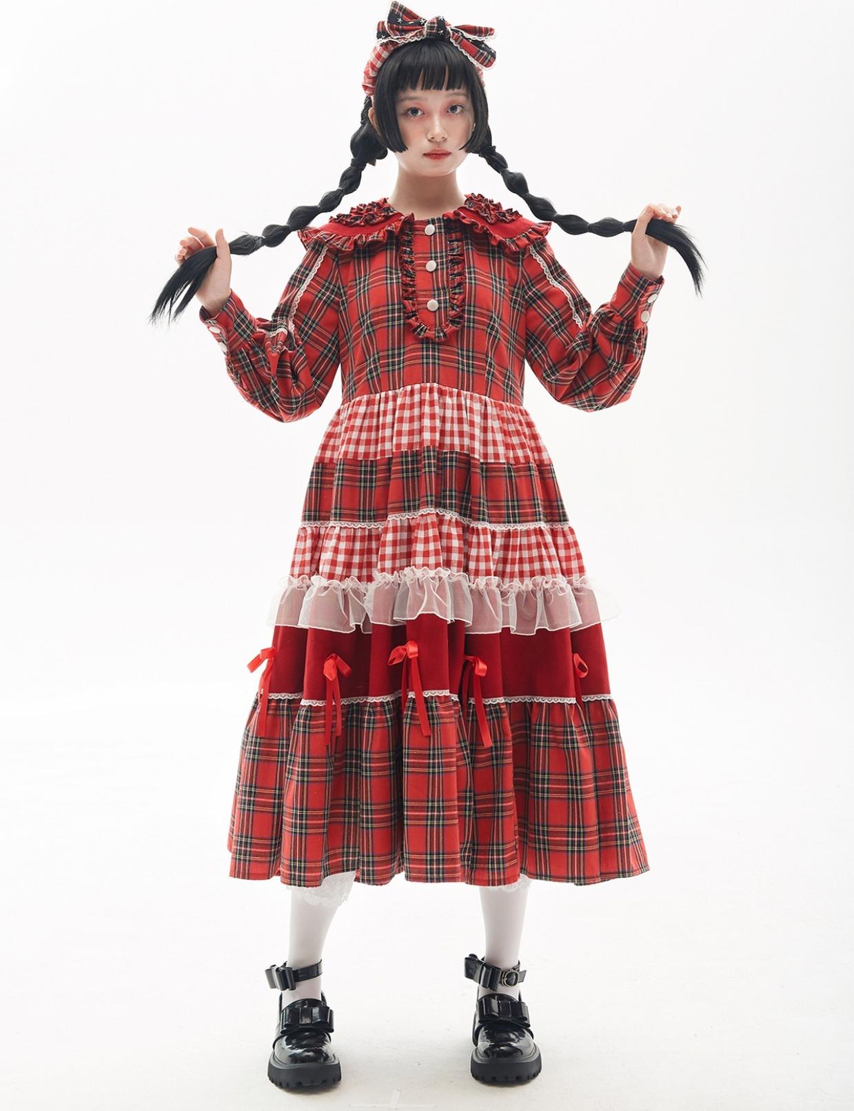 SOS MEME CLUB - Vintage Plaid - Red Vintage Lolita OP dress with a doll collar - product detail 4