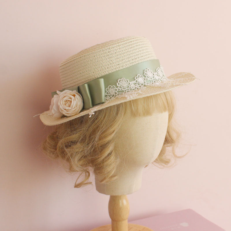 Elegant straw sun hat with bowknot, LolitaFetch headdress, versatile summer accessory featuring a stylish and charming design.